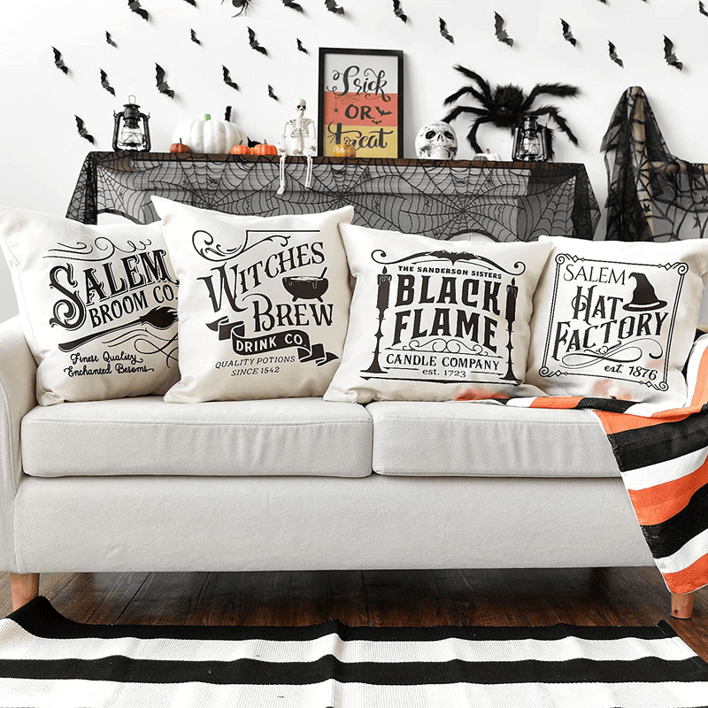 AVOIN colorlife Halloween Salem Broom Witches Brew Hat Factory Throw Pillow Cover, 18 x 18 Inch Candle Black Flame Cushion Case for Sofa Couch Set of 4 Arts & Entertainment > Party & Celebration > Party Supplies AVOIN colorlife   