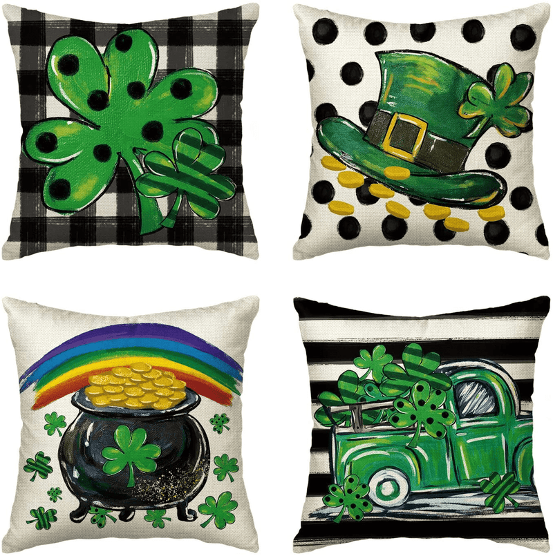 AVOIN Colorlife St Patricks Day Buffalo Plaid Lucky Clover Hat Gold Coin Pot Throw Pillow Covers, 18 X 18 Inch Truck Decoration for Sofa Couch Set of 4 Arts & Entertainment > Party & Celebration > Party Supplies AVOIN colorlife 20 x 20"  