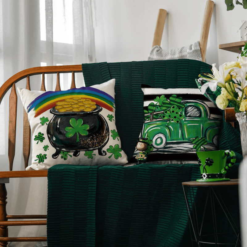 AVOIN Colorlife St Patricks Day Buffalo Plaid Lucky Clover Hat Gold Coin Pot Throw Pillow Covers, 18 X 18 Inch Truck Decoration for Sofa Couch Set of 4 Arts & Entertainment > Party & Celebration > Party Supplies AVOIN colorlife   