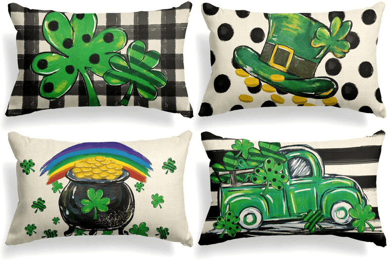 AVOIN Colorlife St Patricks Day Buffalo Plaid Lucky Clover Hat Gold Coin Pot Throw Pillow Covers, 18 X 18 Inch Truck Decoration for Sofa Couch Set of 4 Arts & Entertainment > Party & Celebration > Party Supplies AVOIN colorlife 12 x 20"  