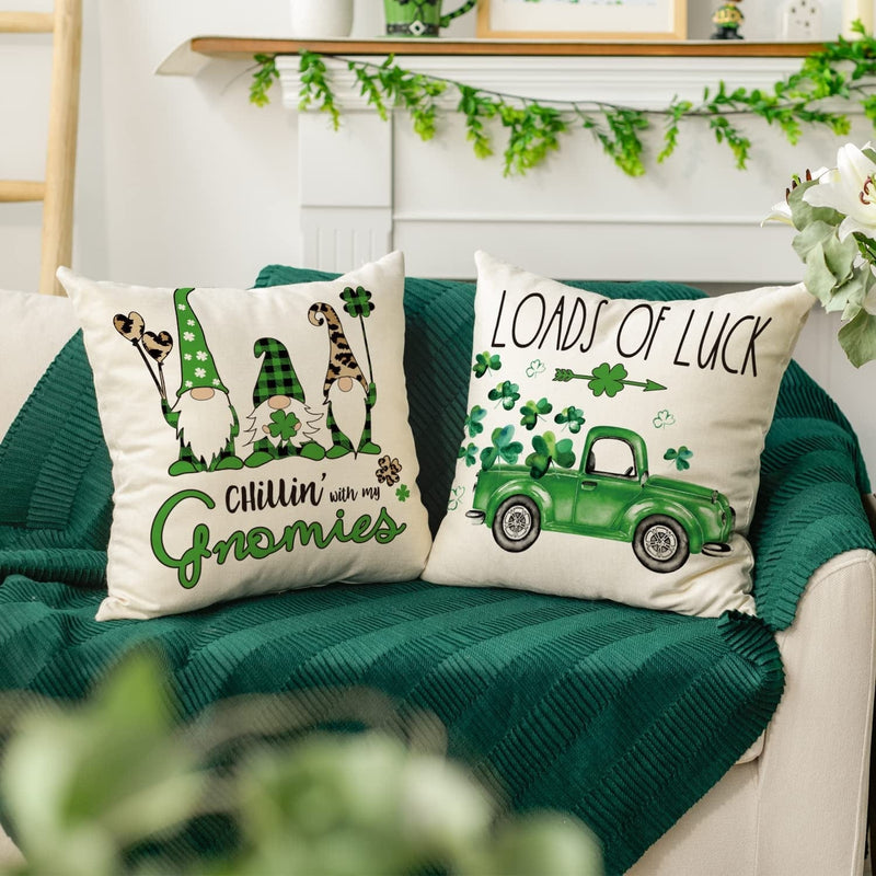 AVOIN Colorlife ST Patricks Day Love Gnomes Truck Clover Throw Pillow Covers, 18 X 18 Inch Loads of Luck Lucky Shamrocks Decoration for Sofa Couch Set of 4