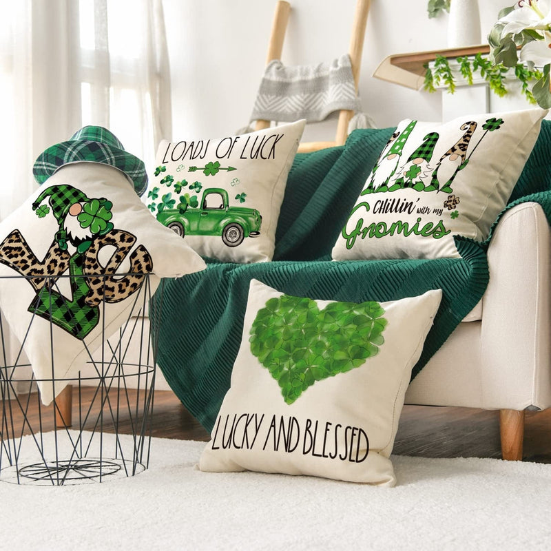AVOIN Colorlife ST Patricks Day Love Gnomes Truck Clover Throw Pillow Covers, 18 X 18 Inch Loads of Luck Lucky Shamrocks Decoration for Sofa Couch Set of 4