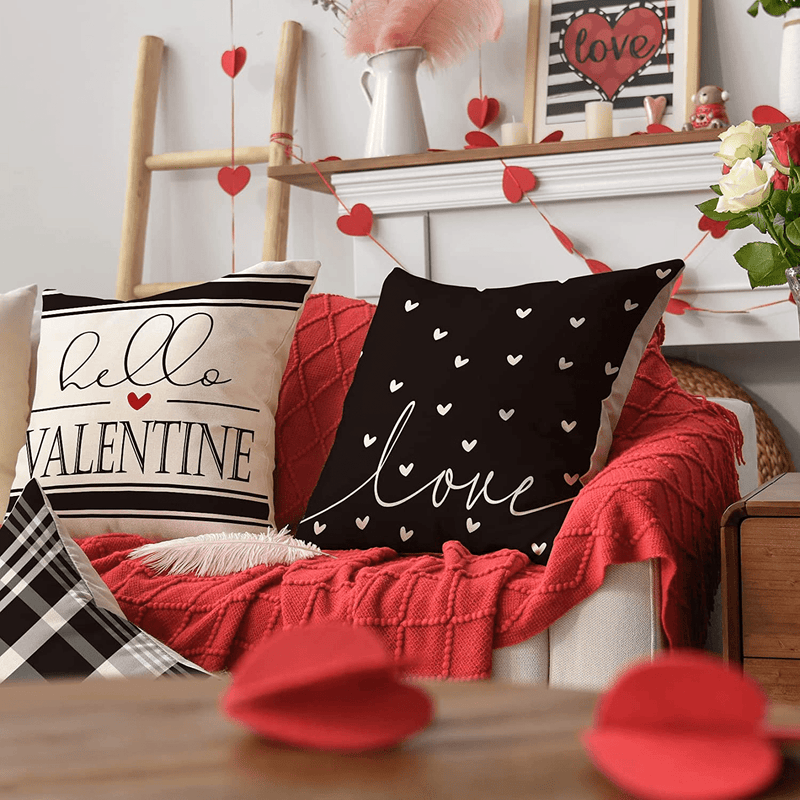 AVOIN Colorlife Valentine'S Day Black and White Love Throw Pillow Covers, 18 X 18 Inch Hello Valentine Plaid Wedding Cushion Case Decoration for Sofa Couch Set of 4 Home & Garden > Decor > Chair & Sofa Cushions AVOIN colorlife   