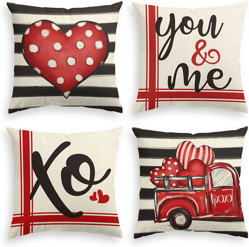 AVOIN Colorlife Valentine'S Day Love Truck XO You and Me Throw Pillow Covers, 18 X 18 Inch Black and White Stripes Wedding Cushion Case Decoration for Sofa Couch Set of 4 Home & Garden > Decor > Seasonal & Holiday Decorations AVOIN colorlife   