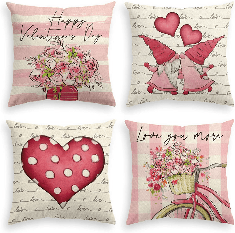 AVOIN Colorlife Valentine'S Day Watercolor Flower Gnome Loving Heart Bicycle Pink Throw Pillow Covers, 18 X 18 Inch Holiday Anniversary Wedding Cushion Case Decoration for Sofa Couch Set of 4 Home & Garden > Decor > Chair & Sofa Cushions AVOIN colorlife   