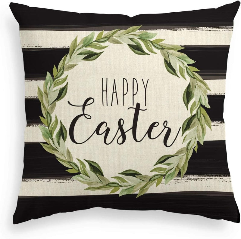AVOIN Happy Easter Laurel Wreath Pillow Cover, 18 X 18 Inch Watercolor Stripes Cushion Case Decoration for Sofa Couch Home & Garden > Decor > Seasonal & Holiday Decorations AVOIN   
