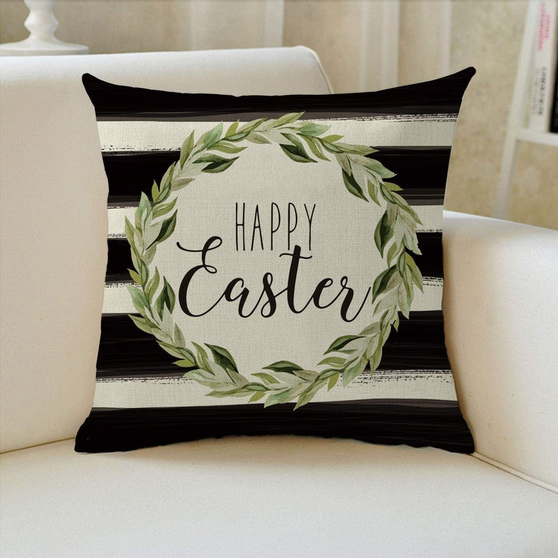 AVOIN Happy Easter Laurel Wreath Pillow Cover, 18 X 18 Inch Watercolor Stripes Cushion Case Decoration for Sofa Couch Home & Garden > Decor > Seasonal & Holiday Decorations AVOIN   
