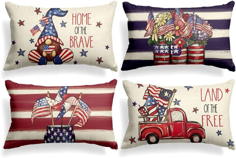AVOIN Watercolor 4Th of July Patriotic Throw Pillow Covers 12X20 Set of 4, Memorial Day USA Flag Gnome Vases Truck Decorations for Home Home & Garden > Decor > Seasonal & Holiday Decorations AVOIN 12 x 20"  