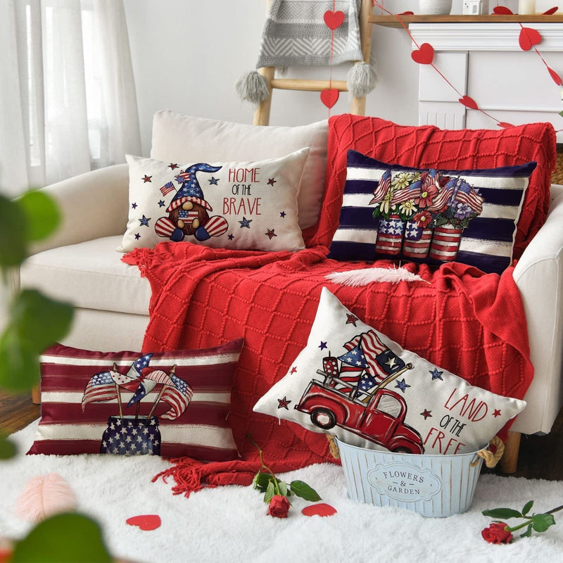 AVOIN Watercolor 4Th of July Patriotic Throw Pillow Covers 12X20 Set of 4, Memorial Day USA Flag Gnome Vases Truck Decorations for Home Home & Garden > Decor > Seasonal & Holiday Decorations AVOIN   