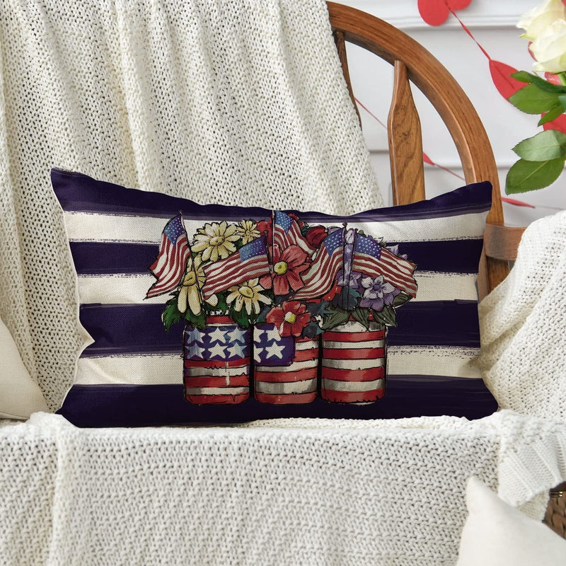 AVOIN Watercolor 4Th of July Patriotic Throw Pillow Covers 12X20 Set of 4, Memorial Day USA Flag Gnome Vases Truck Decorations for Home