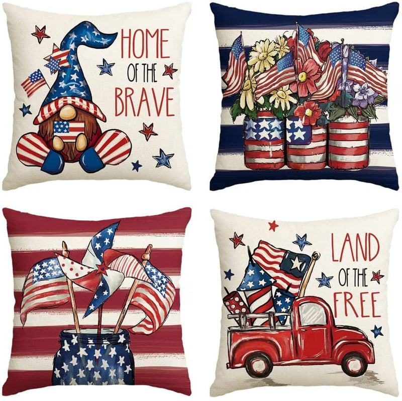 AVOIN Watercolor 4Th of July Patriotic Throw Pillow Covers 12X20 Set of 4, Memorial Day USA Flag Gnome Vases Truck Decorations for Home Home & Garden > Decor > Seasonal & Holiday Decorations AVOIN 20 x 20"  