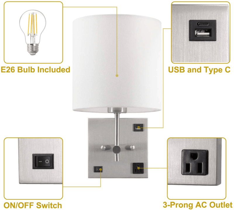 AVV Wall Sconce Lighting,Bedside Wall Mount Light with USB Port and AC Outlet, White Fabric Shade, Wall Lamp Light, Perfect for Bedroom, Living Room and Hotel ,Bulb Included, Hardwire Home & Garden > Lighting > Lighting Fixtures > Wall Light Fixtures KOL DEALS   