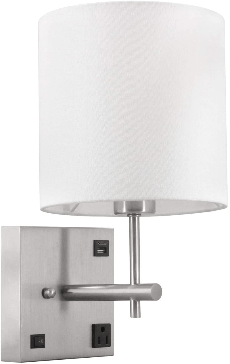 AVV Wall Sconce Lighting,Bedside Wall Mount Light with USB Port and AC Outlet, White Fabric Shade, Wall Lamp Light, Perfect for Bedroom, Living Room and Hotel ,Bulb Included, Hardwire