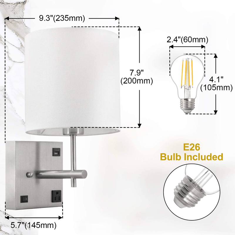 AVV Wall Sconce Lighting,Bedside Wall Mount Light with USB Port and AC Outlet, White Fabric Shade, Wall Lamp Light, Perfect for Bedroom, Living Room and Hotel ,Bulb Included, Hardwire Home & Garden > Lighting > Lighting Fixtures > Wall Light Fixtures KOL DEALS   