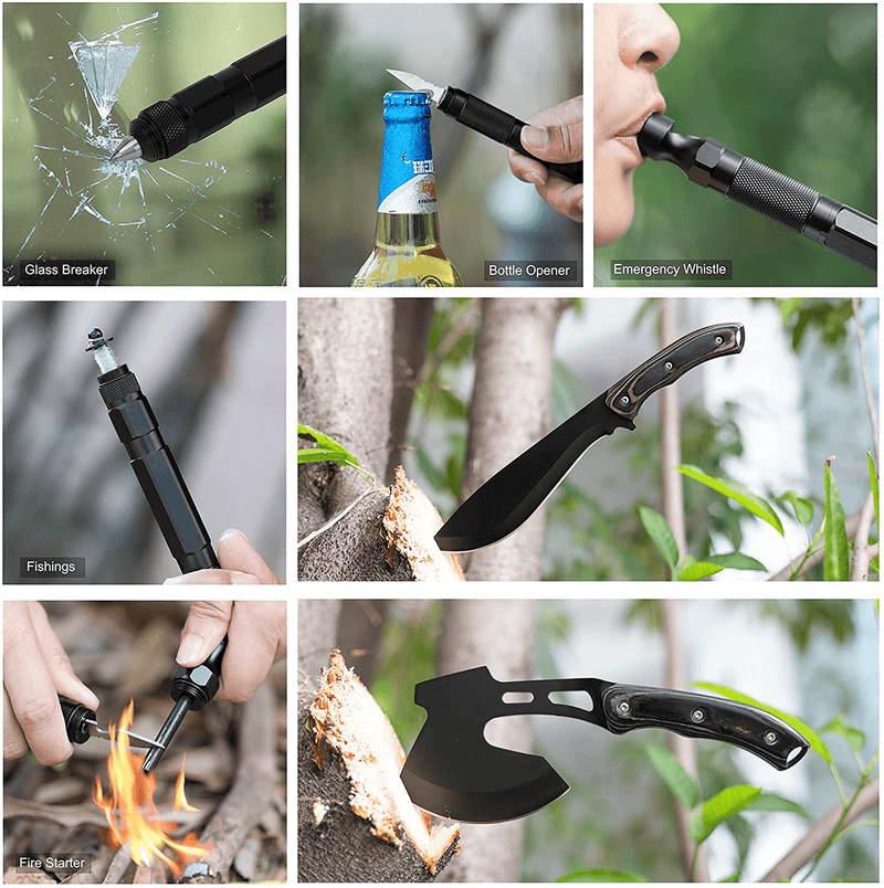 Axe and Fixed Blade Knife with Sheath, One-Piece Camping Hatchet and Hunting Knife with Rope Handle, Includes Tactical Mutitool Set and Many Other Tools, Camping Tool Set