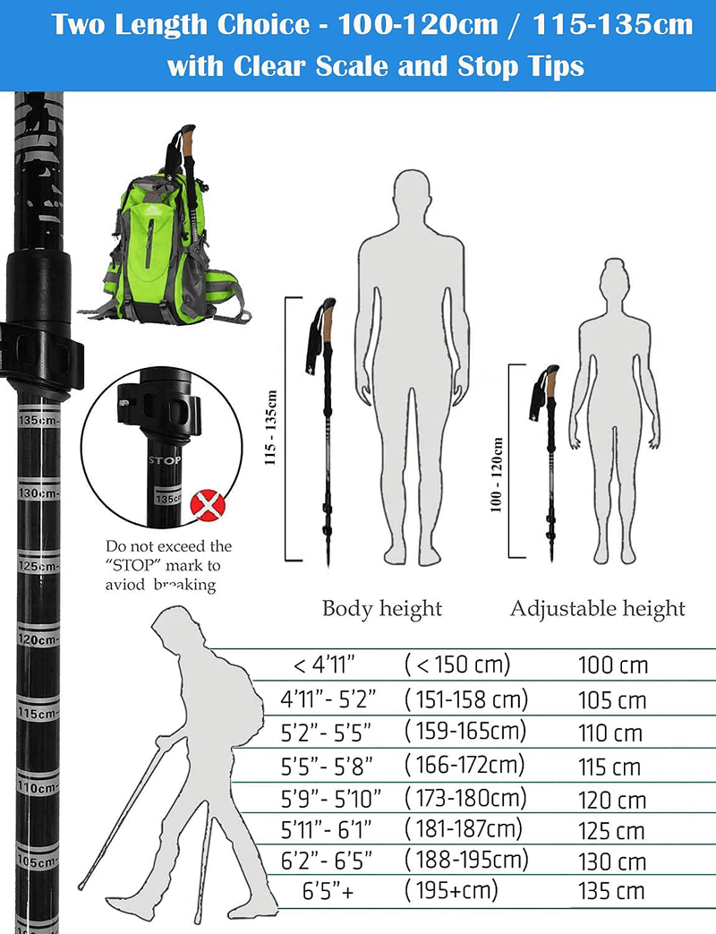 Ayamaya Trekking Poles for Hiking Walking, 100% Carbon Fiber Ultralight Antishock Quick Flip Lock Cork Grip -[2 Style]- 7075 Aluminum Combination Lock Mechanisms