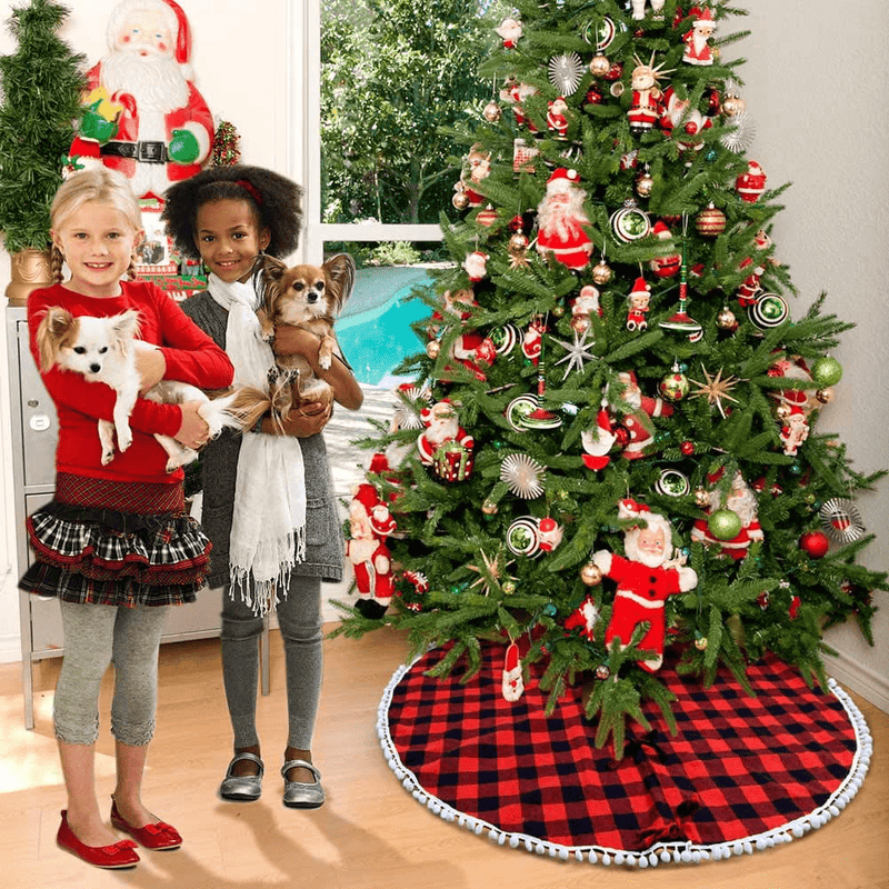 Aytai Buffalo Plaid Christmas Tree Skirt 48 Inch Red and Black Xmas Tree Skirts with Pom Pom for Christmas Decorations