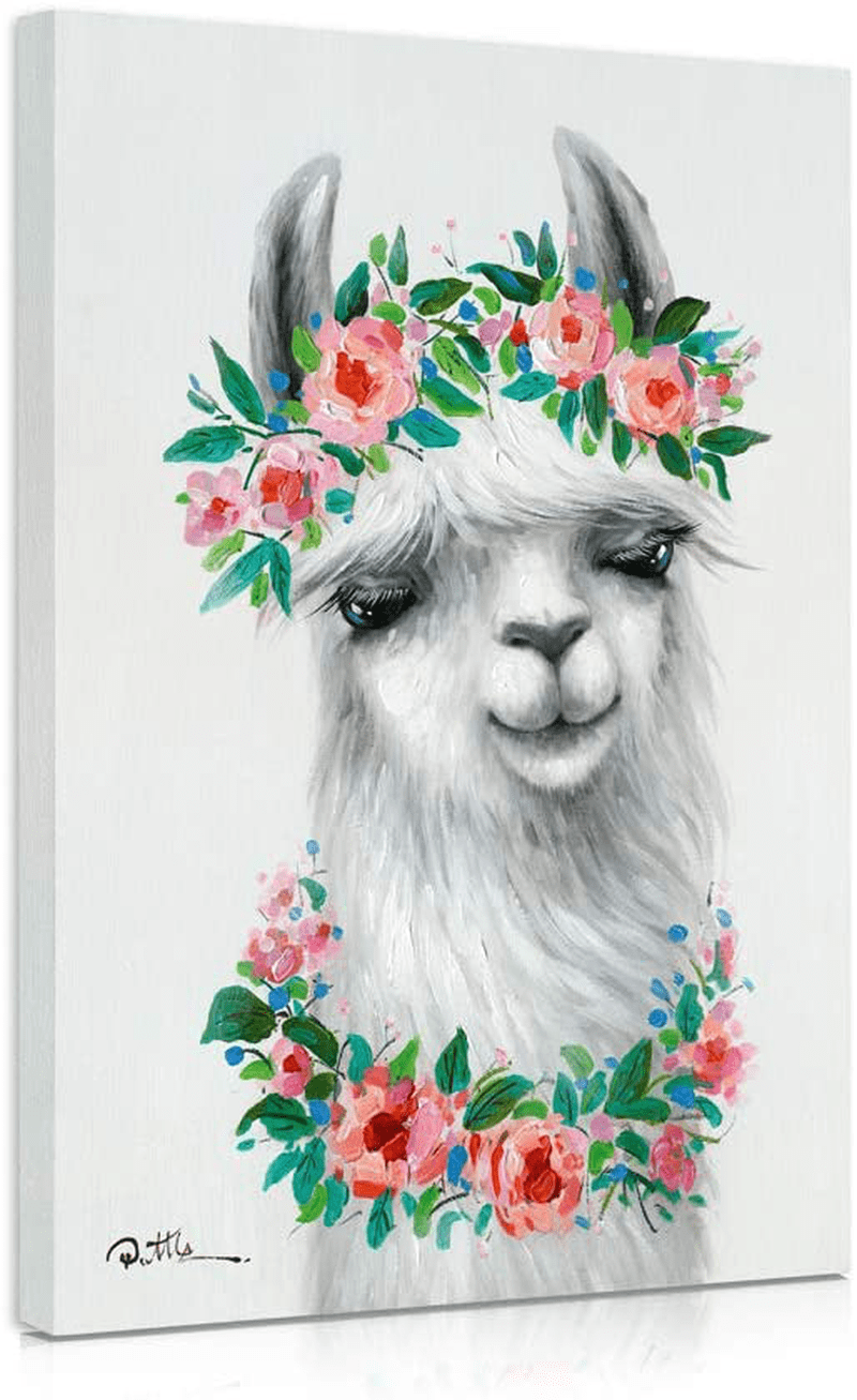 B BLINGBLING Llama Pictures Wall Decor: Alpaca with Flower Crown Bathroom Decor Wall Art Animal Wall Art with Frame and Ready to Hang (12"x16"x1 Panel) Home & Garden > Decor > Artwork > Sculptures & Statues B BLINGBLING   