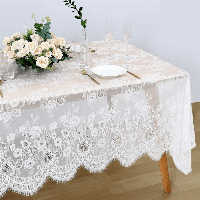 B-COOL 60 X120 Inch Classic White Wedding Lace Tablecloth Lace Tablecloth Overlay Vintage Embroidered Lace Overlay for Rustic Wedding Reception Decor Spring Summer Outdoor Party Arts & Entertainment > Hobbies & Creative Arts > Arts & Crafts B-COOL Pure White 2pcs 