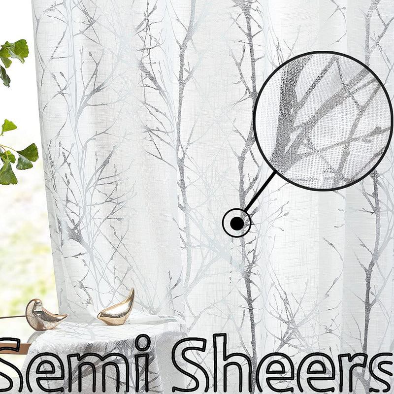 FMFUNCTEX Branch White Curtains 84” for Living Room Grey and Auqa Bluetree Branches Print Curtain Set Wrinkle Free Thick Linen Textured Semi-Sheer Window Drapes for Bedroom Grommet Top, 2 Panels Home & Garden > Decor > Window Treatments > Curtains & Drapes FMFUNCTEX Semi-sheer: White + Foil Silver 50" x 84" 