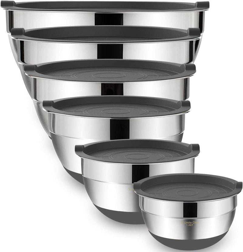 Mixing Bowls with Airtight Lids, 6 Piece Stainless Steel Metal Bowls by Umite Chef, Measurement Marks & Colorful Non-Slip Bottoms Size 7, 3.5, 2.5, 2.0,1.5, 1QT, Great for Mixing & Serving Home & Garden > Kitchen & Dining > Cookware & Bakeware Umite Chef Gray  