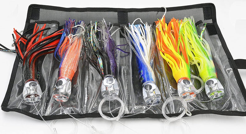 Fishing Lure Set of 6 Trolling Saltwater Skirted Lures: Rigged Lures and Black Bag Included. Catch Any Predatory Pelagic Fish in the Ocean Including Dolphin, Tuna, and Wahoo! Sporting Goods > Outdoor Recreation > Fishing > Fishing Tackle > Fishing Baits & Lures Bimini Lures 6.5 inch  