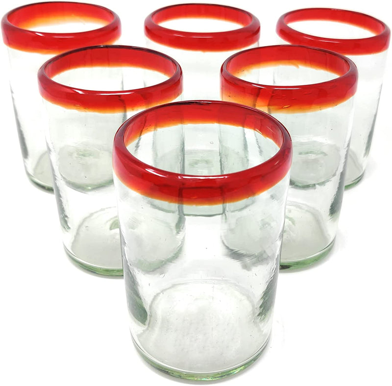 Hand Blown Mexican Drinking Glasses - Set of 6 Glasses with Red Rims (14 Oz Each) Home & Garden > Kitchen & Dining > Tableware > Drinkware Dos Sueños   