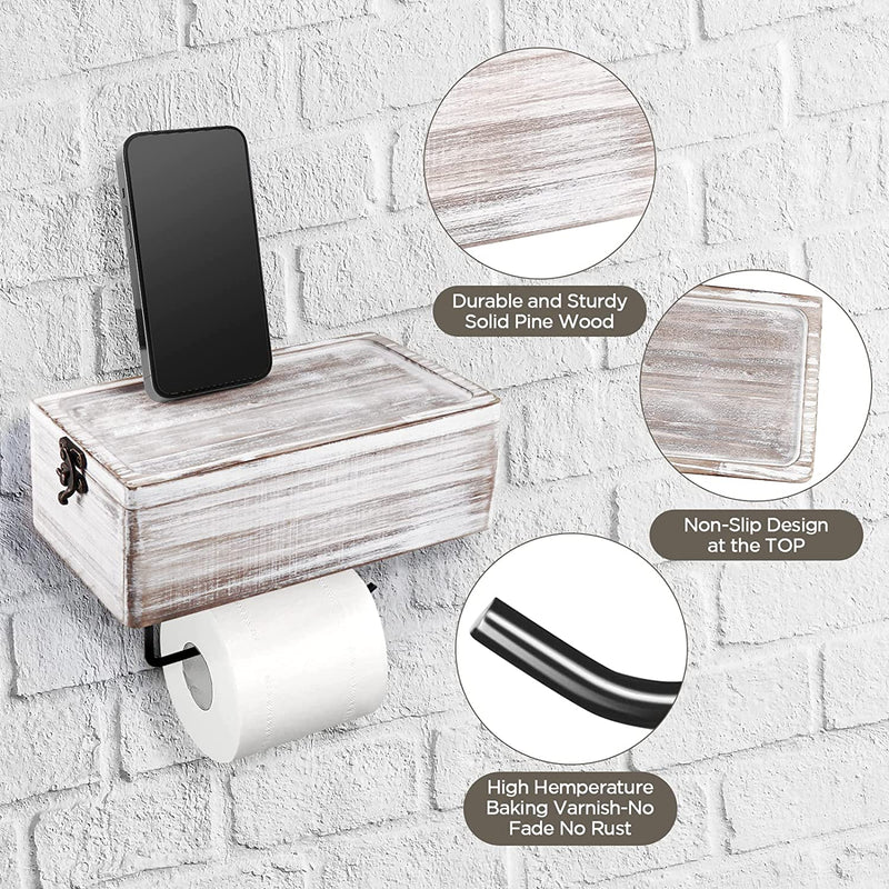 Toilet Paper Holder with Wooden Shelf and Storage, Rustic Toilet Paper Roll Holder with Flushable Wipes Dispenser, Tissue Roll Holder with Shelf and Black Metal for Bathroom and Washroom