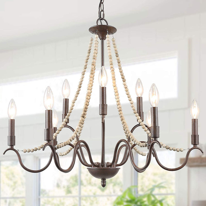 LNC Farmhouse Chandelier, 9-Light Wood Beaded Chandelier for Dining Room, French Country Lighting for Living Room, 28" L X 25.5" H, Bronze Home & Garden > Lighting > Lighting Fixtures > Chandeliers LNC   