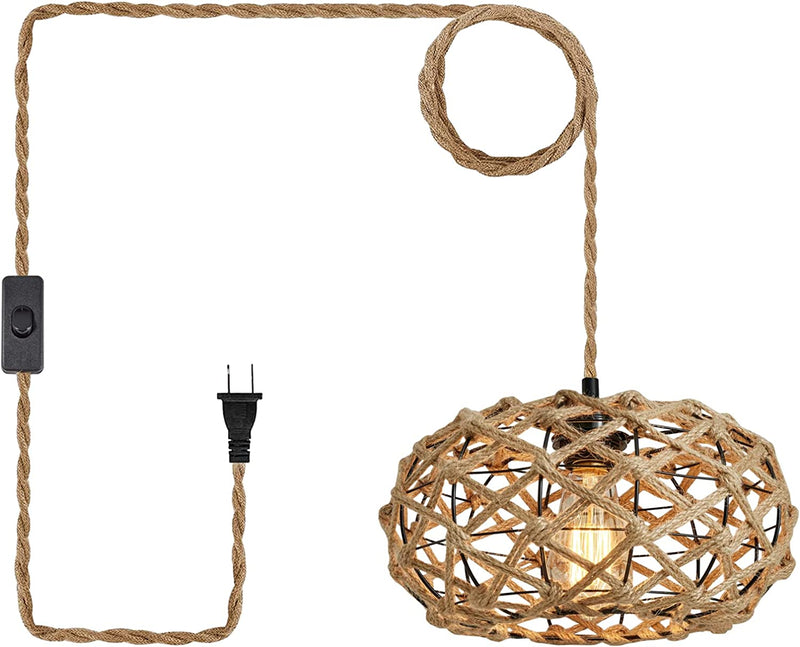 AMZASA Plug in Pendant Light Boho Woven Haning Lamp With15.1Ft Hemp Rope Cord,On/Off Switch Retro Coastal Wicker Rattan Cage Hanging Light for Kitchen Island Bedroom Living Room