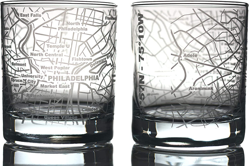 Greenline Goods Whiskey Glasses - 10 Oz Tumbler Gift Set for Denver Lovers, Etched with Denver Map | Old Fashioned Rocks Glass - Set of 2 Home & Garden > Kitchen & Dining > Barware Greenline Goods Philadelphia  