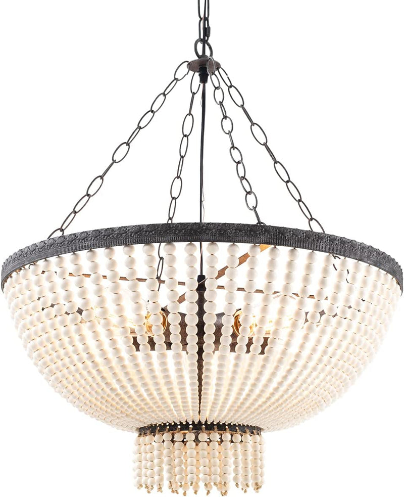 ELYCCUPA 5 Lights Bohemia Wood Beaded Chandelier Farmhouse Antique Rustic Pendant Light for Bedroom Kitchen Island Dining Living Room, White, Dia 22 Inch Home & Garden > Lighting > Lighting Fixtures > Chandeliers ELYCCUPA Tassels  