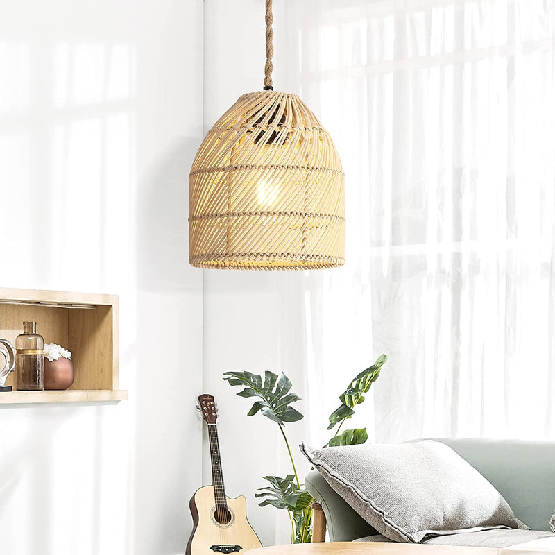 Yarra Decor Rattan Pendant Light with Dimmable Switch, 15Ft Hemp Cord Handwoven Boho Bamboo Rattan Lamp Shade Plug in Hanging Light, Rattan Light Fixture for Kitchen Island,Dining Room(Bulb Included)3