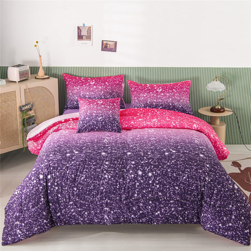 RYNGHIPY 6Pcs Gradient Glitter Bedding Set for Girls Twin Size, Colorful Rainbow All-Season Comforter Set, Ultra Soft Bedding Collections Home & Garden > Linens & Bedding > Bedding RYNGHIPY Purple Full (6-Piece) 