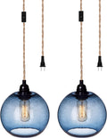 ARIAMOTION Plug in Pendant Lights with Cord Blue Glass Hanging Lighting 15 Ft Hemp Rope Seeded Bubble Globe 7.4" Diam 2-Pack Home & Garden > Lighting > Lighting Fixtures ARIAMOTION 7” Capri Blue 2 Pack plug in 
