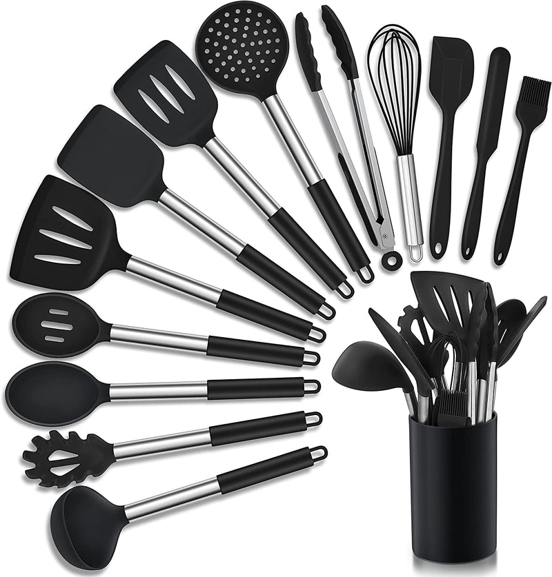 Homikit 27 Pieces Silicone Cooking Utensils Set with Holder, Kitchen Utensil Sets for Nonstick Cookware, Black Kitchen Tools Spatula with Stainless Steel Handle, Heat Resistant Home & Garden > Kitchen & Dining > Kitchen Tools & Utensils Homikit Black 14-Piece 