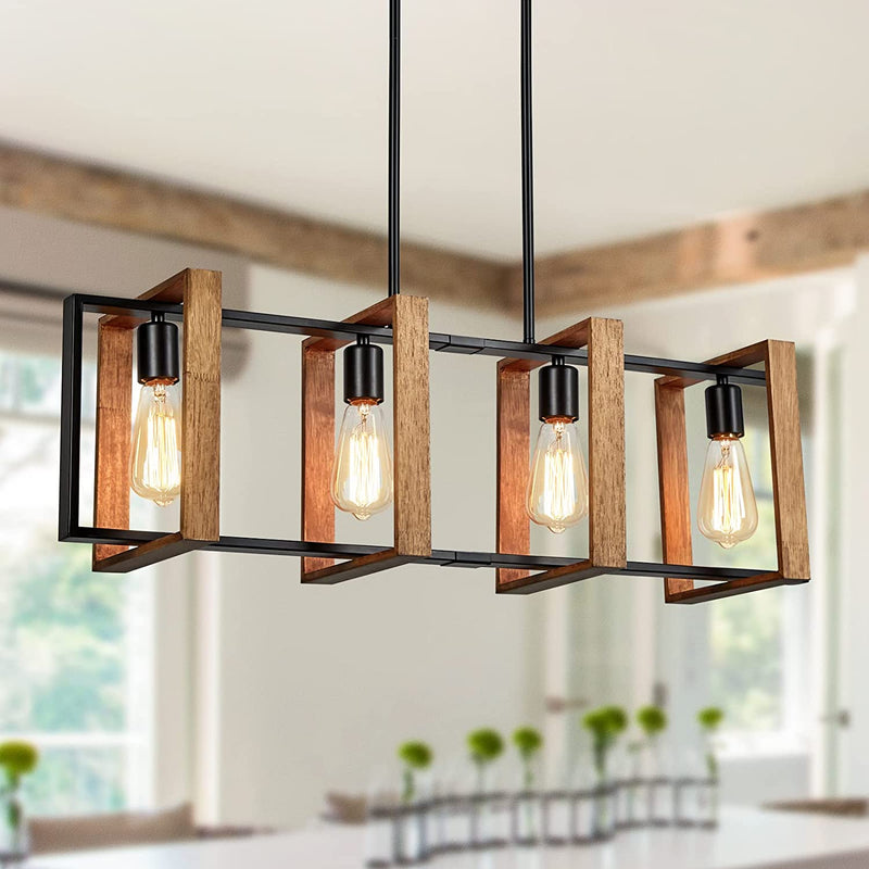8-Light Farmhouse Chandeliers Rectangle Wood Chandelier Lighting for Dining Room Rustic Chandelier Light with Seeded Glass Shade Pendant Hanging Light Fixtures for Kitchen Island Foyer Hallway Bar Home & Garden > Lighting > Lighting Fixtures > Chandeliers foucasal Oak Brown Wood-4 Light  