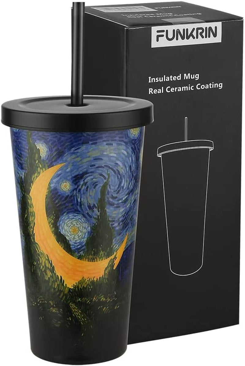 Funkrin Insulated Travel Coffee Mug with Ceramic Coating, Personalized Gifts for Men Women Kids, 16Oz Stainless Steel Tumbler with Flip Lid Portable Handle, Double Wall Leak-Proof Thermos Mug Home & Garden > Kitchen & Dining > Tableware > Drinkware Funkrin starry sky 18oz 