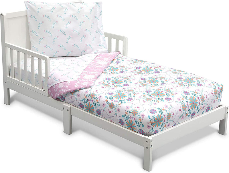 Delta Children 4 Piece Toddler Bedding Set for Girls - Reversible 2-In-1 Comforter - Includes Fitted Comforter to Keep Little Ones Snug, Bottom Sheet, Top Sheet, Pillow Case - Purple Stars Night Home & Garden > Linens & Bedding > Bedding Delta Children Pink/Blue  