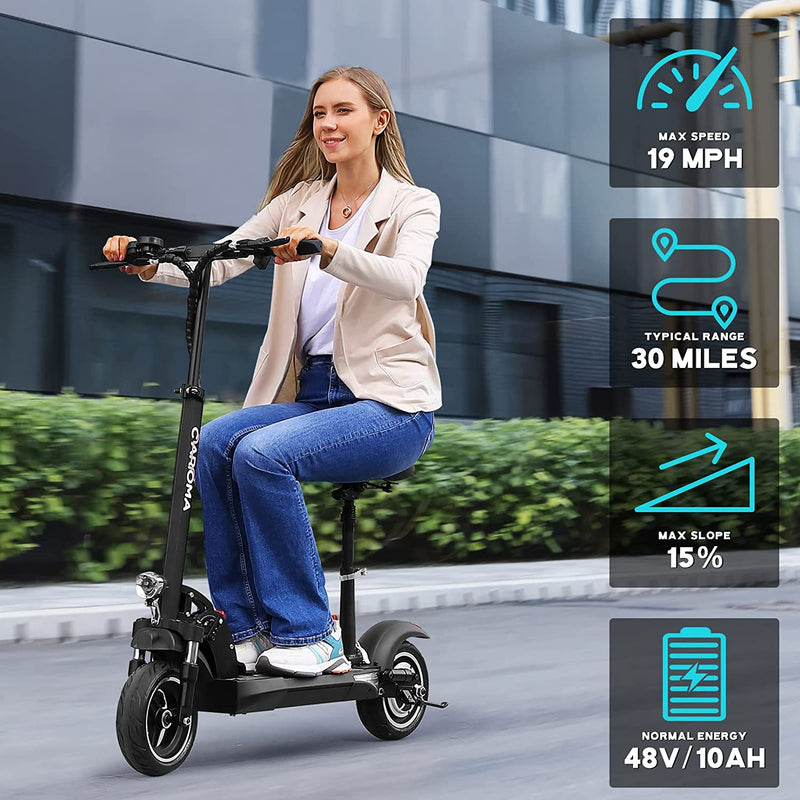 Caroma Electric Scooter Adults Foldable Sports Electric Scooter with Seat for Adult Electric Bike,500W Motor 48V/10.4AH,10" Solid Tires,30Miles Range & 19Mph,330Lbs Load,Dual Brake Headlight&Taillight Sporting Goods > Outdoor Recreation > Cycling > Bicycles ZheJiang AnShang Robot Co.LTD   