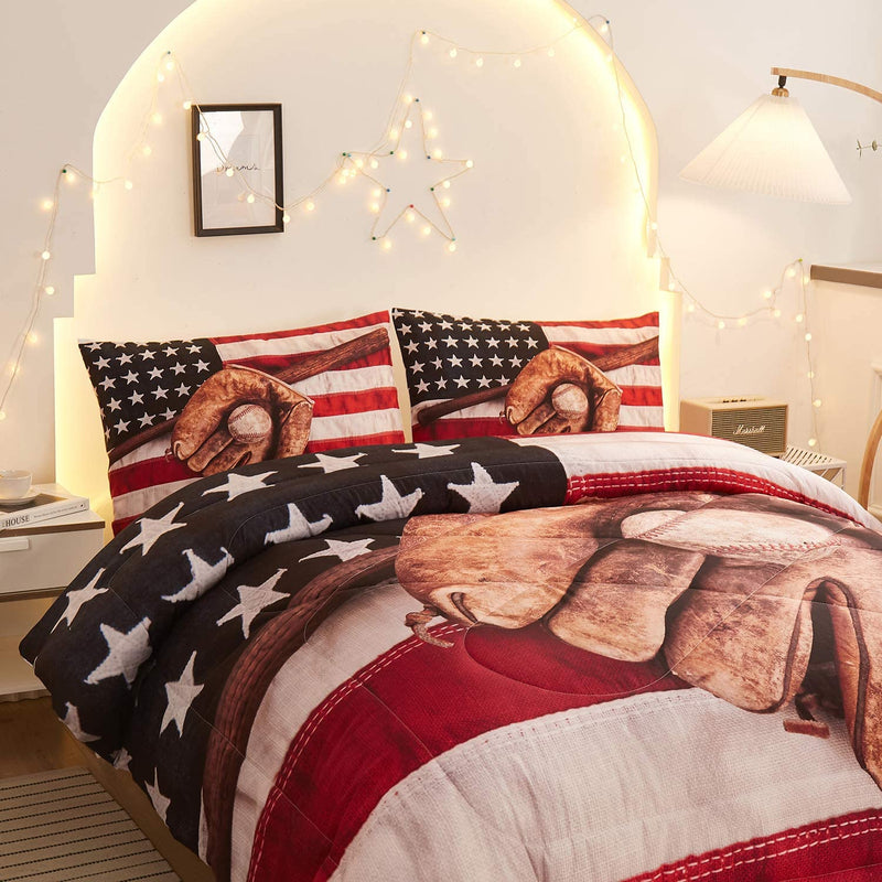 Namoxpa Baseball American Flag Comforter Sets,Baseball Bat and Ball on Foreground of Star-Spangled Banner National Sports,Decorative 3 Piece Bedding Comforter Sets with 2 Pillow Shams, Queen Size
