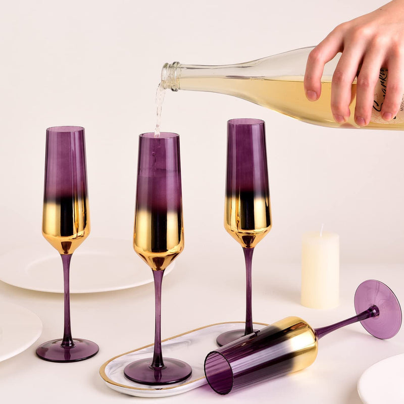 Glass Champagne Flutes Set of 4-Hand Blown Crystal Champagne Glasses-8.5 OZ Purple and Gold Gradient Design Drinkware for Wedding Birthday Anniversary Party Home & Garden > Kitchen & Dining > Tableware > Drinkware GLASS SMILE   