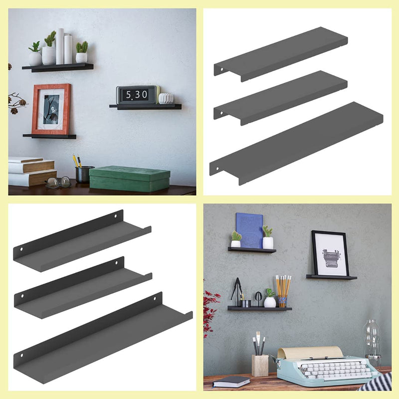 Metfu Pack of 3 Metal Wall Shelf Black Floating Shelves for Light Stuff Small Areas Organize Your Kitchen Bedroom Living Room Modern Rustic Set of Three Shelves, Easy to Install DIY Hardware Included Furniture > Shelving > Wall Shelves & Ledges metfu   