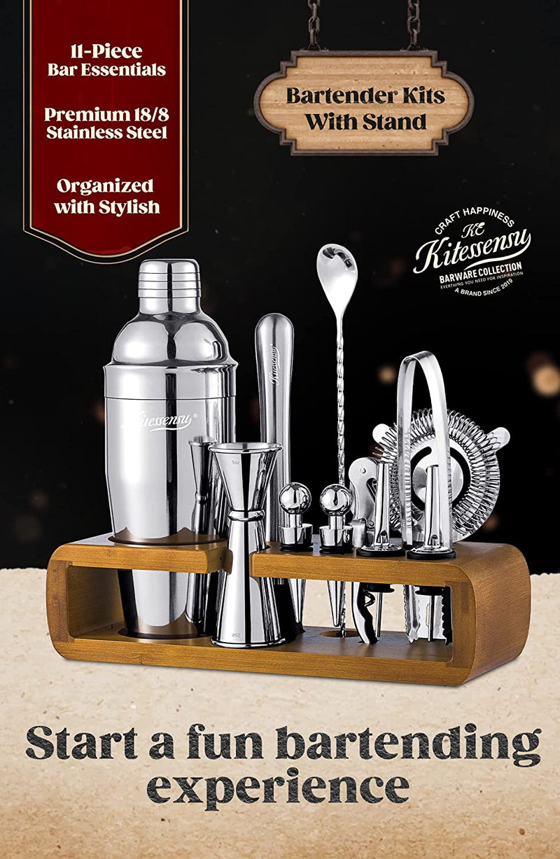KITESSENSU Mixology Bar Kit with Stand | Complete 11-Piece Cocktail Shaker Set Bar Set for Inspired Drink Mixing Experience | Bartender Accessories for Home Bar Tools Set with Recipes Booklet