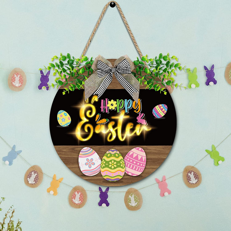 Happy Easter Door Decoration Hanging Sign Lighted Easter Outdoor Welcome Wooden Sign Bow Rustic Easter Eggs Bunny Rabbit Wreath Sign for Easter Spring Holiday Front Door Wall Farmhouse Porch Decor Home & Garden > Decor > Seasonal & Holiday Decorations gisgfim   