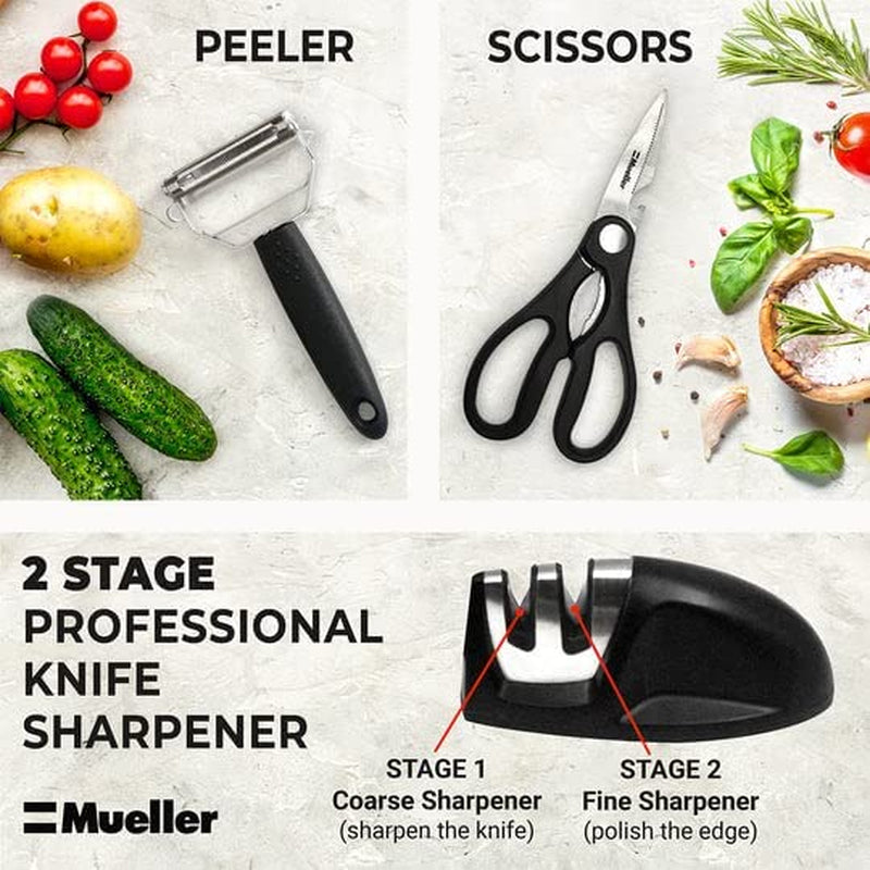 Stainless Steel Knife Set with Block - 17 Piece High Carbon Carving Set with Knife Sharpener, Peeler, Scissors, Cheese, Pizza Knife and Stand - by Mueller Home & Garden > Kitchen & Dining > Kitchen Tools & Utensils > Kitchen Knives Mueller Austria   
