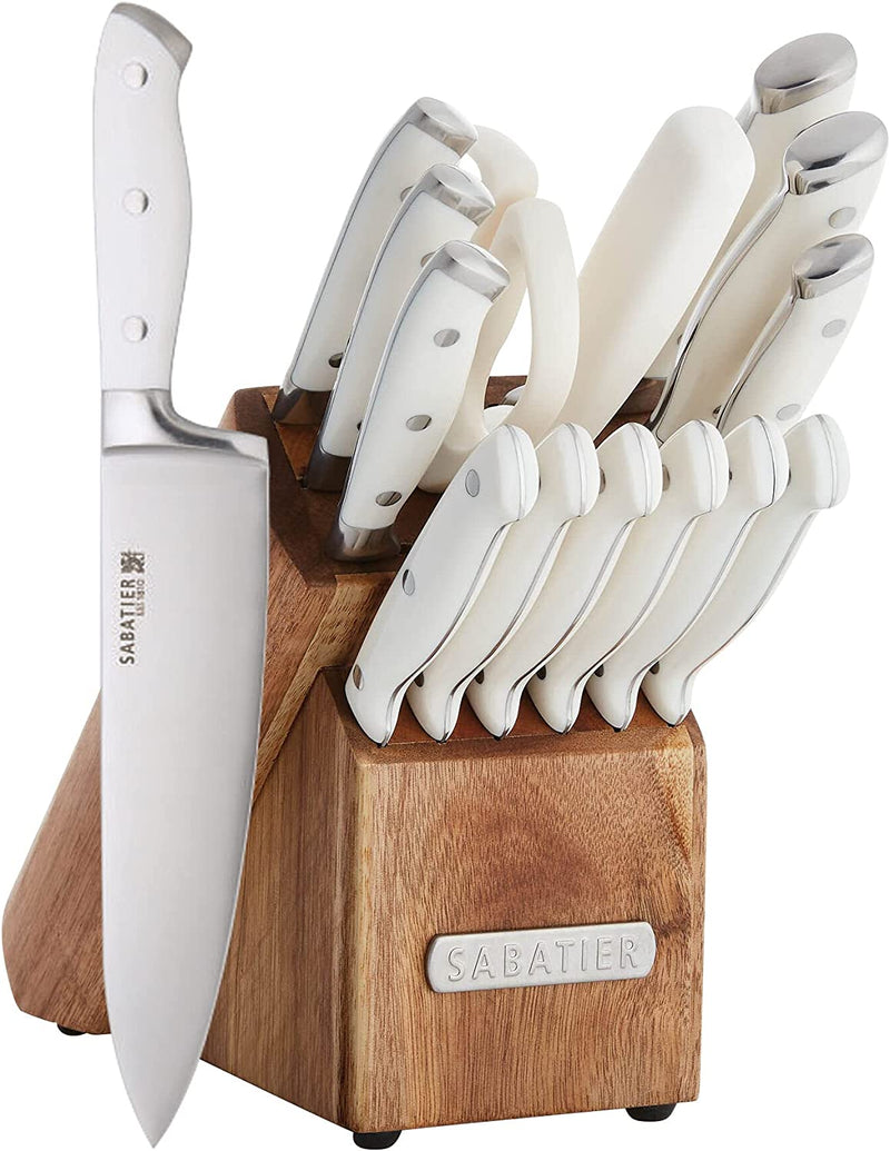 Sabatier 15-Piece Forged Triple Rivet Knife Block Set, High-Carbon Stainless Steel Kitchen Knives, Razor-Sharp Knife Set with Acacia Wood Block, White Handles Home & Garden > Kitchen & Dining > Kitchen Tools & Utensils > Kitchen Knives Sabatier White 15-Piece 