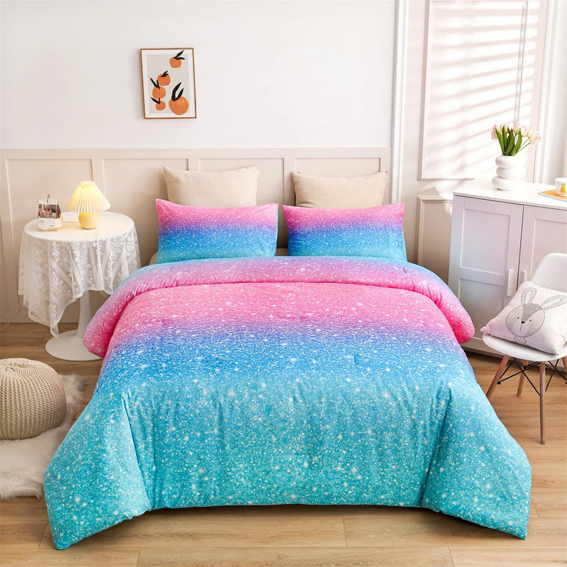 Holawakaka Kids Space Star Glitter Comforter Set Ombre Blue & Purple Print Gradient Bedding Set Full Size (Blue Purple, Full) Home & Garden > Linens & Bedding > Bedding Holawakaka Pink Blue Full 