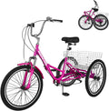 H&ZT Tricycle for Adults, 3 Wheeled Bikes for Adults，Trike Cruiser Bike, W/Large Basket & Maintenance Tools & Shimano Derailleur & Parking Brake Handle Sporting Goods > Outdoor Recreation > Cycling > Bicycles H&ZT FOLDING- rose red 20" Foldable 