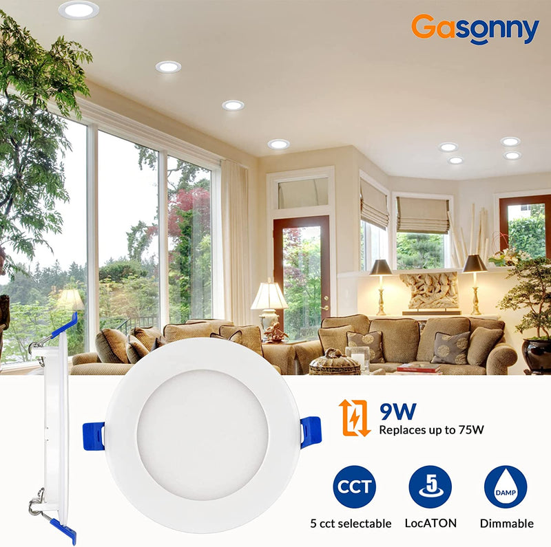 Gasonny 6Pack 4 Inch 5CCT Ultra-Thin LED Recessed Ceiling Light with Junction Box, 2700K/3000K/3500K/4000K/5000K Selectable, 9W Eqv,Dimmable Can-Killer Downlight,750Lm High Brightness - ETL Listed